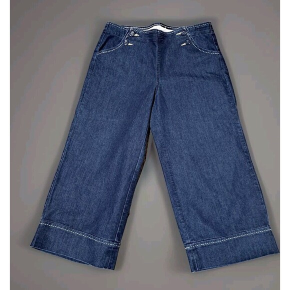 Cache Womens Wide Leg Gaucho Denim Cropped Pants Sz 12 Side Button Top Retro - Picture 1 of 11